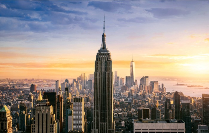 The Empire State Building in New York seen from high above ground.